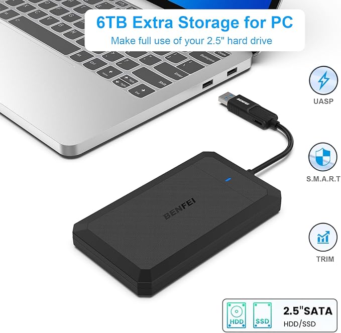 BENFEI 2.5 Inch SATA to USB Tool Free External Hard Drive Enclosure, USB Type-C/Type-A to Sata Compatible for 2.5 Inch SSD(Optimized for SSD, Support UASP)