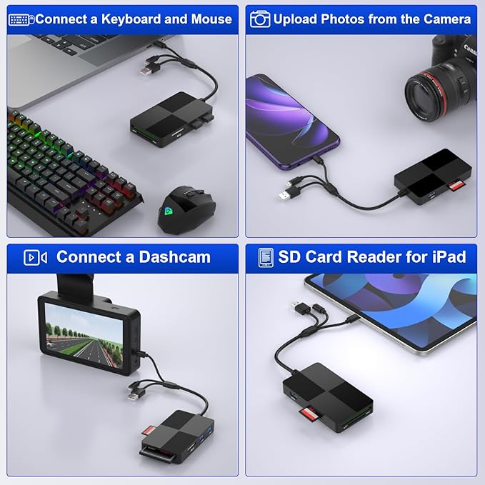 Memory Stick Pro Duo Adapter 8-in-1 Multi-Card Reader with SD/TF/MS/CF/XD Slots & 3 USB 2.0 Ports, Lightning+USB A+USB C Ports Memory Stick Pro Duo Reader for iPhone/iPad/Windows/MAC/Chrome OS