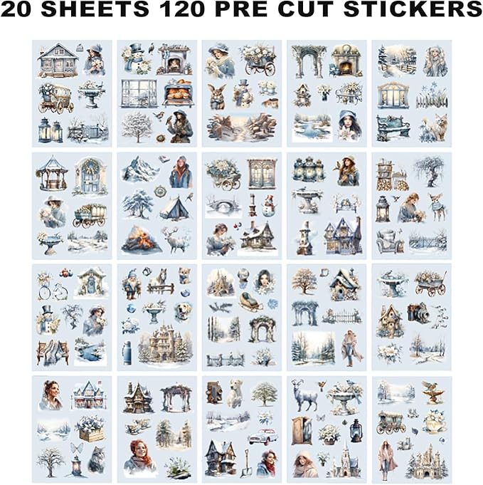 Auguro PET 20 Sheets 120 Pre-Cut Winter Stickers for Scrapbooking People Landscape Stickers Scrapbook Supplies Transparent Sticker for journaling
