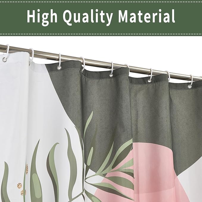 Boho Mid Century Shower Curtain, Pink Modern Minimalist Abstract Geometric Sage Green Gold Plant Leaves Bathroom Curtains Washable Waterproof Fabric Buthtub Curtain Set with Hooks 36" Wx72 L