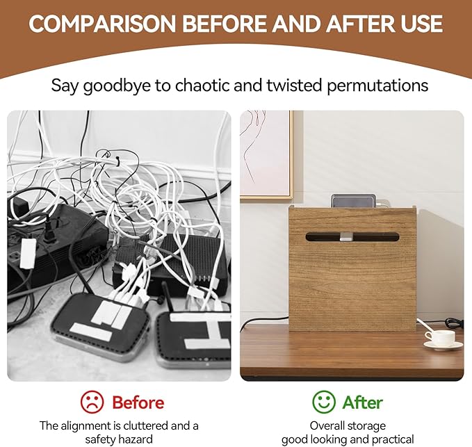 KIRIGEN WiFi Router Storage Box, Wooden Wireless Router Organizer Rack Shelf Power Cord Socket Storage Shelf Cable Management and Organizing Box for Office and Home Dark Brown LYQ-DBR