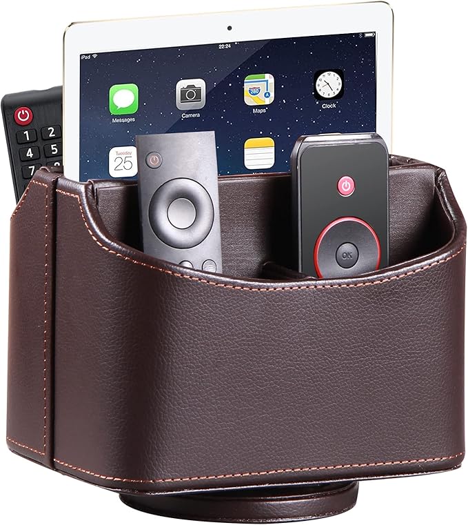 Arniche PU Leather Remote Control Holder,360 Degree Spinning Desk TV Remote Caddy,Desk Organizers and Accessories,for Controller,Media,Mail,Calculator,Mobile Phone,Pen Storage Holder(Brown Lychee)