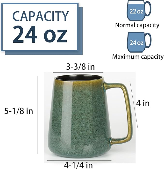 HYTYSKAR 24 OZ Extra Large Ceramic Coffee Mug, Jumbo Coffee Mugs, Big Tea Cups with a Large Handle for Office and Home, Microwave and Dishwasher Safe (24 OZ Green)