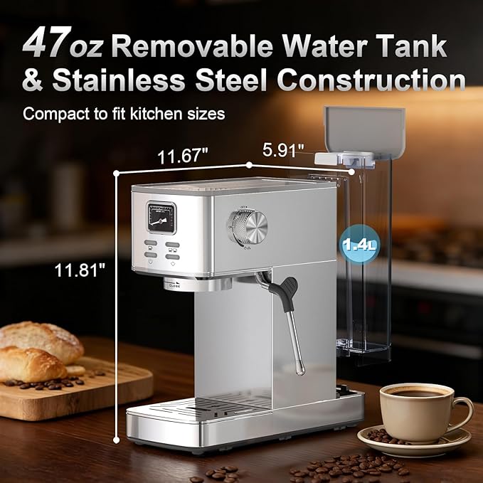 Espresso Machine 20 Bar, Compact Espresso Coffee Machine with Steam Milk Frother & 47oz Removable Water Tank, Hot Water Function for Home Cappuccino, Latte