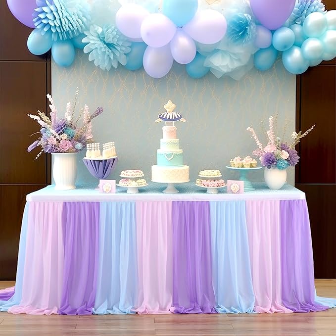 Mermaid Tulle Table Skirt Blue Pink Purple Striped Table Skirts for Rectangle Tables Frozen Baby Shower Mermaid Birthday Parties Decoration 14ft