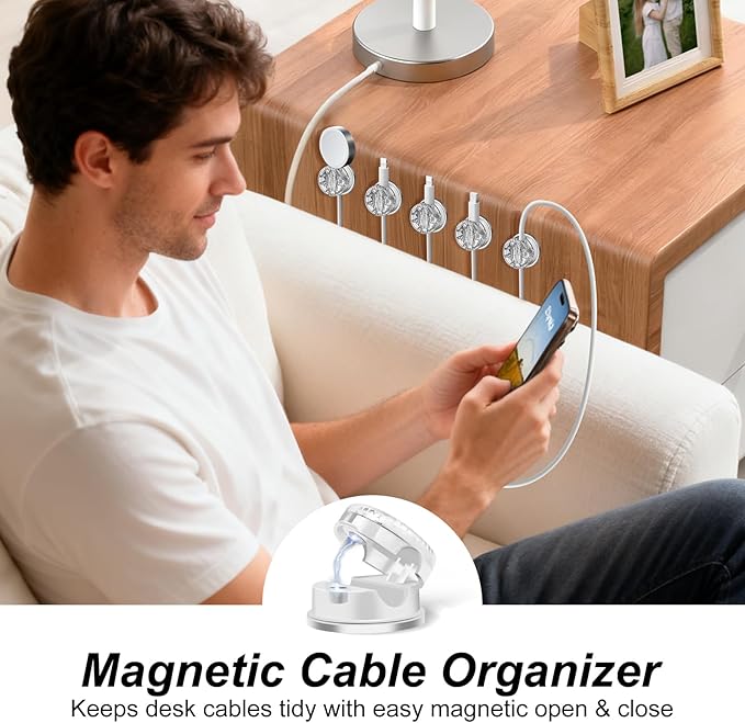 6 Pack Cord Organizer Magnetic Cable Clips, 360°Rotation Cable Clips - Adjustable Cord Holder for Nightstand, Adhesive Cable Management Cord Clips, Cable Holder & Charger Organizer（Clear）