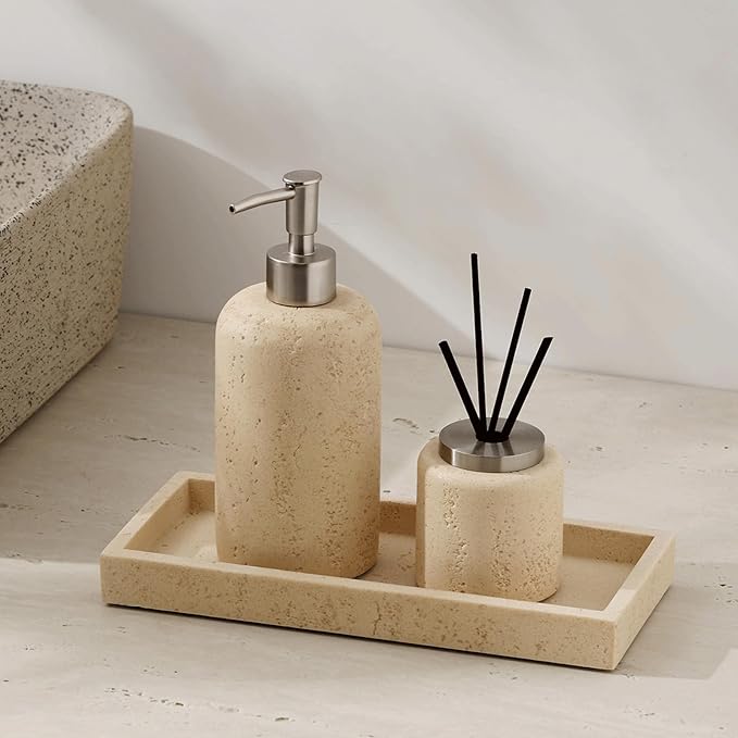 Soap Dispensing Refillable Stone Soap Dispenser Beige Travertine Liquid Shampoo Bottles Marble Hand Soap Dispenser for Bathroom Kitchen New Home Essentials