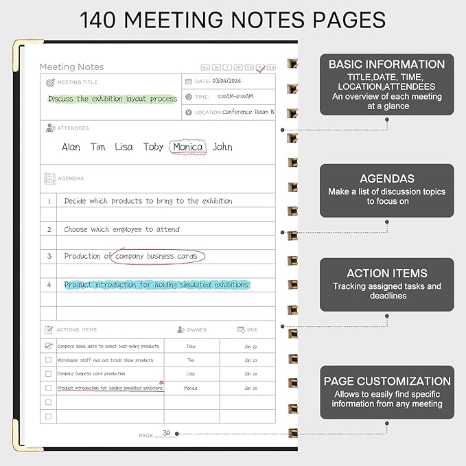 EMSHOI Meeting Notebook for Work - A5 Half Meeting Half Note Planner, 140 Pages, 100GSM Thick Paper, Hardcover, Project Organizer for Women Men Office, Business, Note Taking, 6"x8.3" - Black