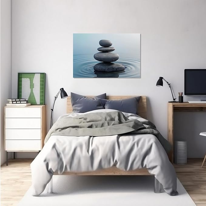 Zen wall art Harmonious grey stones stacked on a calm surface of water Serene Zen decor suitable for tranquil homes and spaces of meditation 24x36in Wood Framed