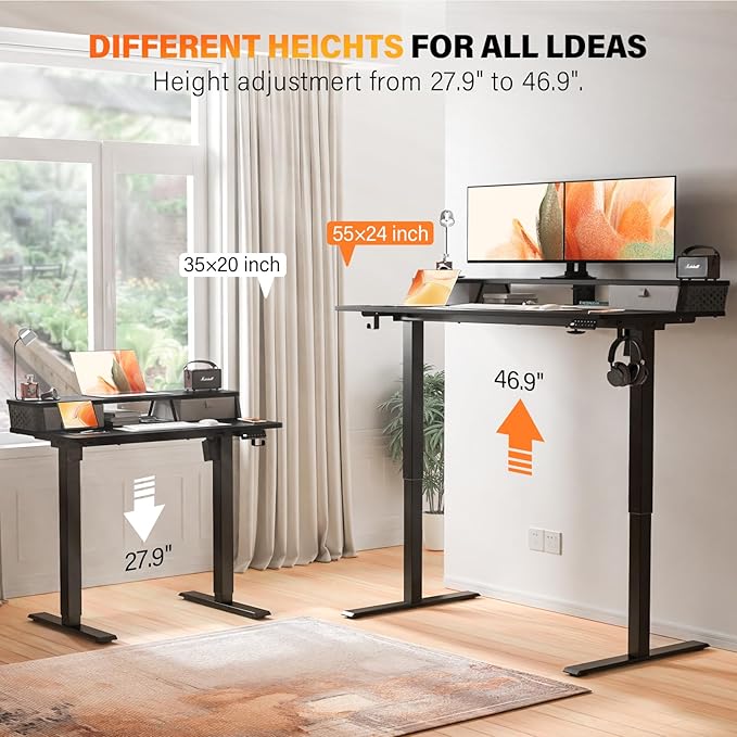 Electric Standing Desk with 2 Drawers 40''x 24'' Small Adjustable Height Sit to Stand Up Desk with Storage Shelf, C-Clamp Mount Compatible Black Home Office Desks Computer Desk Ergonomic Workstation