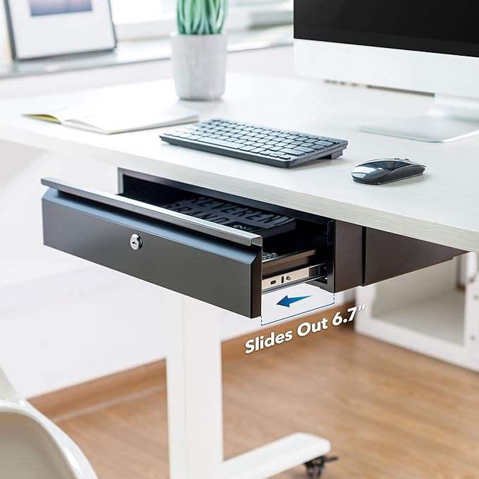 Mount-It! Under Desk Pull-Out Drawer with Lock and 2 Keys Included | Office Storage Organizer | Mounts to Desktops Tables and Workbenches Over 0.71 Inches Thick | Matte Black