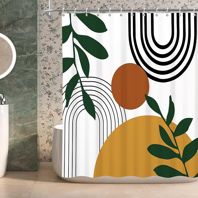 Boho Shower Curtain Bohemian Boho Shower Curtains for Bathroom Modern Mid Century Abstract Arch Curve Minimalistic Sun Bathroom Curtain 72x72 in with 12 Hooks, White Beige