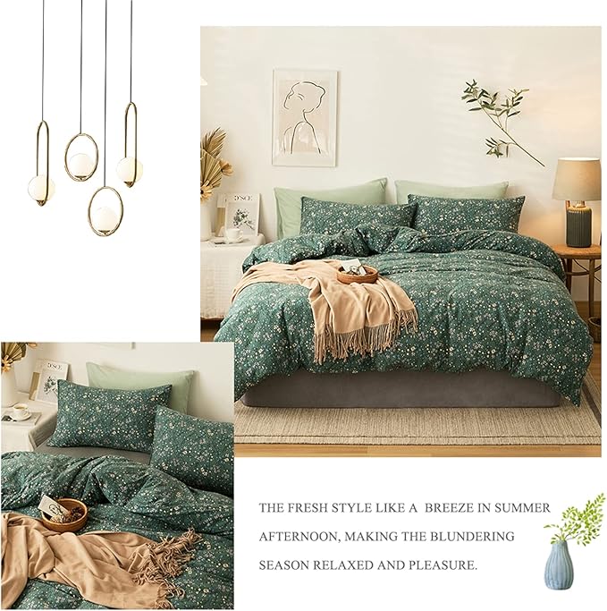 HighBuy Full Size 100% Cotton Jersey Knit Duvet Cover Set - Green Floral - 3 Piece - Duvet Cover (80"x90") & 2 Pillowcases (20"x26") - Cottagecore Style - Unisex - Breathable & Fade Resistant