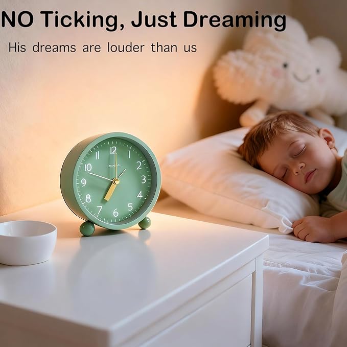AOKILOM Analog Alarm Clock, Non-Ticking Silent Travel Small Clock, Battery Operated with On-Demand Light, Easy Set Gentle Wake, Ideal Decor for Bedroom, Bedside, Desk,Office (Mint Green)