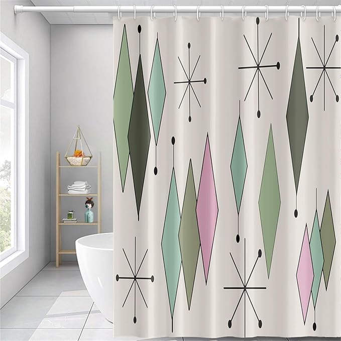 Mid Century Shower Curtain Modern Abstract Green Pink Diamond Geometric Atomic Starburst Pattern for 1950s Retro Bathroom Decor Accessories Shower Curtain Set with 12 Hooks, 48x72 Inches