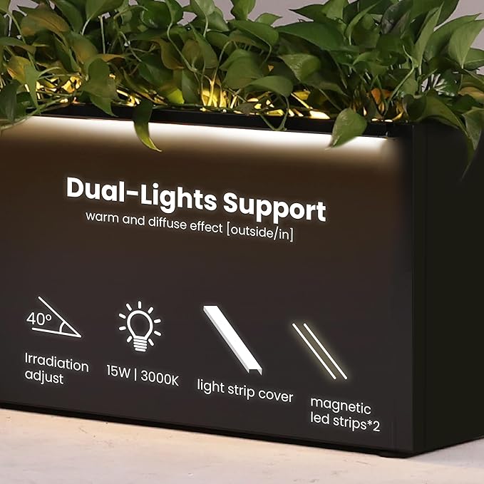 GSK Light Metal Planter Boxes LED Lighting Strips × 2 Outdoor Black Rectangle Flower Trough Heavy Duty Galvanized Iron Raised Tall Garden Bed Indoor Divider Shelf for Plants and Space Dividing