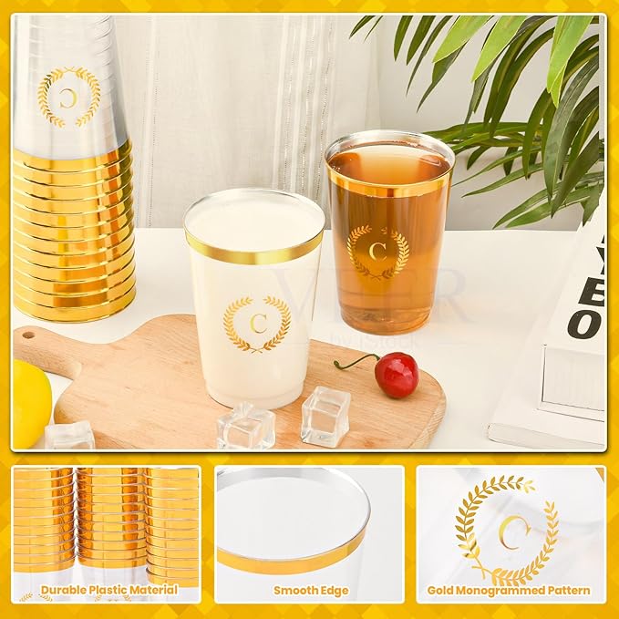 100 Pieces Monogrammed Plastic Cups Gold Foil Letter C Disposable Cups 12 oz Clear Initial Party Cups for Wedding Birthday Baby Shower Personalized Party Drinkware