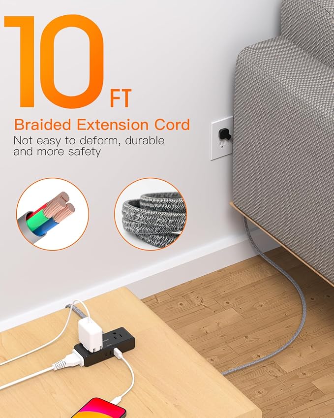 Extension Cord 10 ft, BESHON Flat Plug Power Strip, 4 Widely Outlets with 3 USB Ports (2 USB C), Extension Cord with Multiple Outlets for Home, Office, Dorm Room Essentials, Black