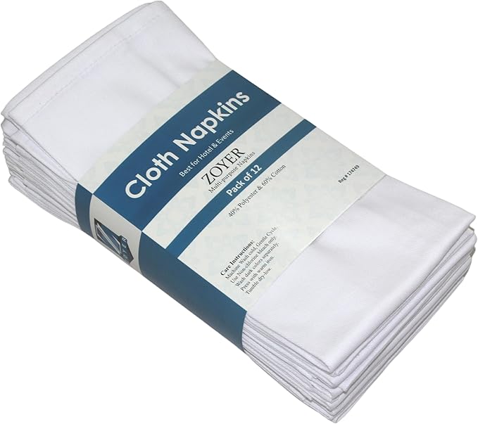 Zoyer Cloth Napkins Set of 12, 18x18 Inches Cotton Enrich Napkins Cloth ‎Washable, Soft & Durable Dinner Napkins for Parties, Wedding, Christmas, ‎Thanksgiving & Everyday Use - White