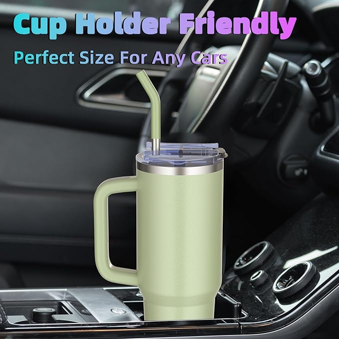 40 oz tumbler with handle and straw,Double Wall Vacuum Reusable Stainless Steel Insulated Water Bottle,With Leak Proof lid and Straw for Iced or Cold Beverages (bay green)