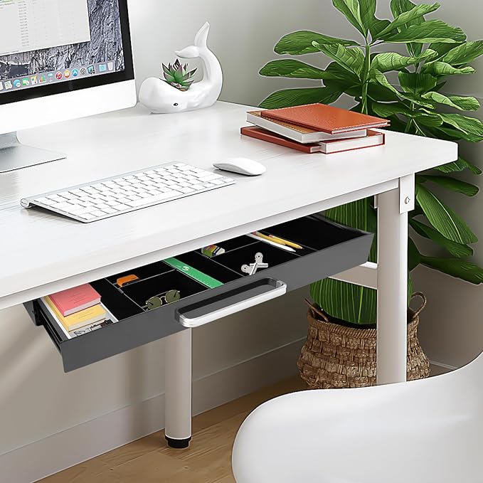 21.5" Under Desk Drawer Slide Out For Office Desk with 2 Dividers, Storage Organizer For Sit Stand Workstation, Black
