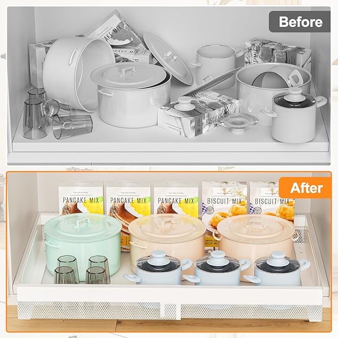 Hisencn Pull Out Cabinet Organizer, Expandable Width 13.9"-22", 21.8" Deep Heavy Duty Slide Out Drawer for Kitchen Cabinets, No Drill Roll Out Shelves with Adhesive Nano Film (White)