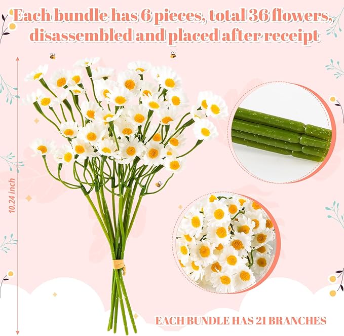 72Pcs Artificial White Daisy Flowers, 12 Bundles 10 Inch Small Fake Daisies for Home Summer Decor, Fake Spring Wild Flowers for Party Decoration
