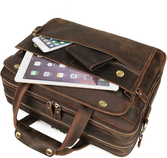 Augus Leather Briefcase for Men Business Travel Messenger Bags 15.6 Inch Laptop Bag YKK Metal Zipper, Brown