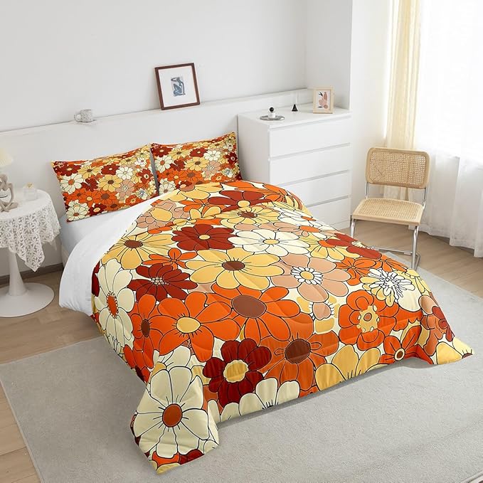 Castle Fairy Bohemian Flowers Comforter Set Twin Size,70s Vintage Floral Quilt Set for Kids Boys Bedroom Collection,Hippie Retro Groovy Botanical Polyester Bedding with 1 Pillowcase,2Pcs