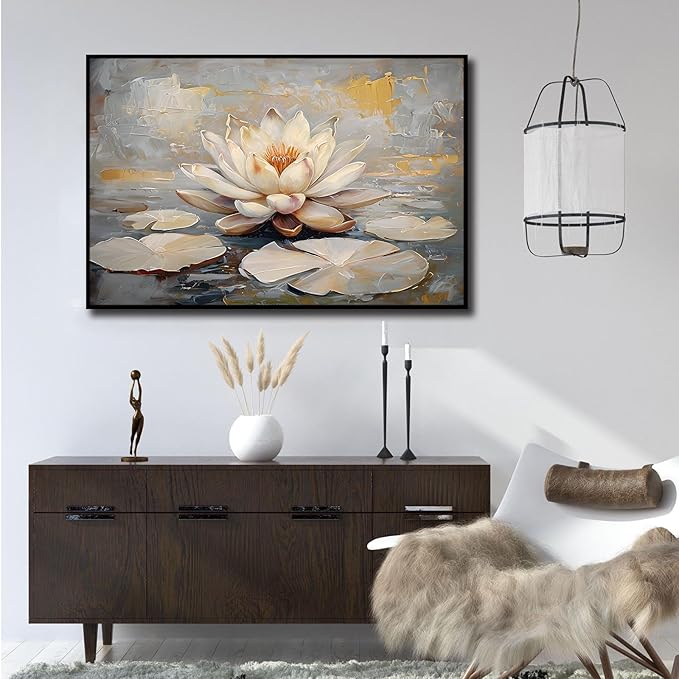Ethereal white lotus floating on Crystal Waters poster vintage oil painting printwall art soft blush and gold accents serene home and office decor dreamy 16x24in Metal blackFramed