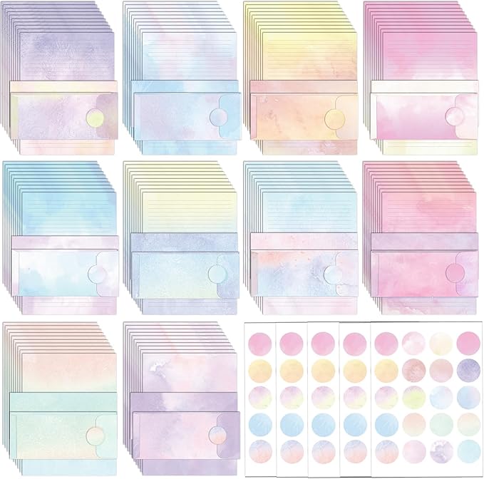 EggSun 250Pcs Watercolor Stationery Paper and Envelope Set with 100 Letterhead Papers and 50 Envelopes, 10 Design for Letter Writing Invitations Computer Holidays Party Notes, 8.5x11 Inch-Lined