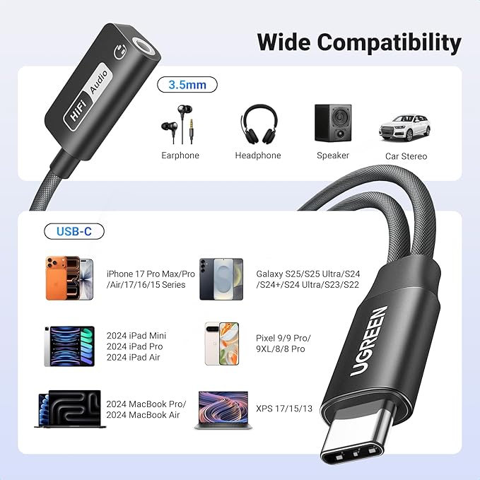 UGREEN Magnetic USB C to 3.5mm Audio Adapter and Charger 2 in 1 Hi-Res 32bit/384kHz Aux to USB C with PD 60W Fast Charging Dongle Cable for iPhone 17 Pro Max, Switch 2, Galaxy S25Ultra, iPad Pro