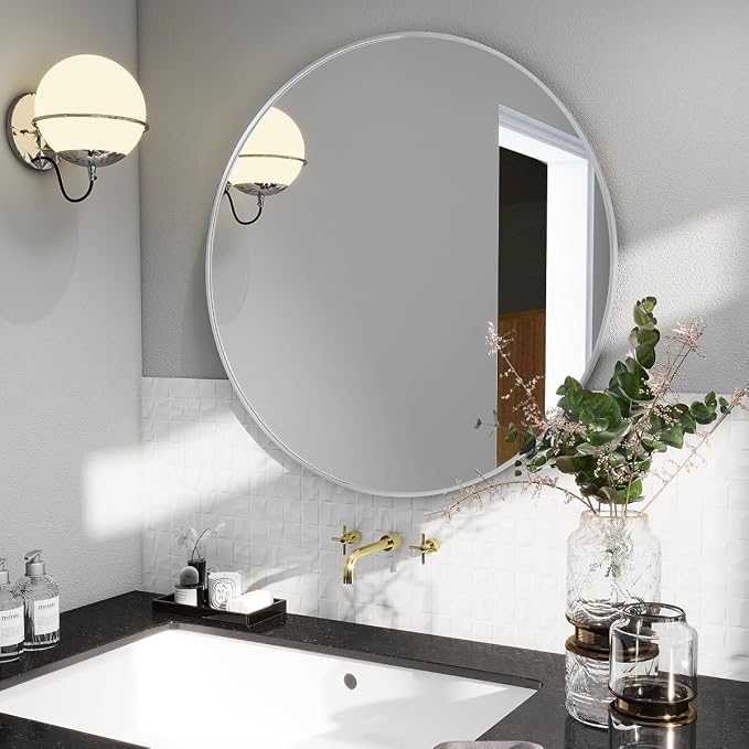 BEAUTYPEAK 30 Inch Round Mirror, Metal Frame Circle Mirror, Wall Mounted for Entryway, Bathroom, Vanity, Living Room, White