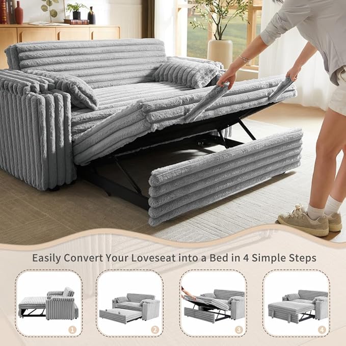 68.11" Corduroy Sleeper Chair Bed with USB Port, Cup Holders & Side Storage Pockets – 3-in-1 Foldable Sofa Bed for Guest Room, Living Room– Gray