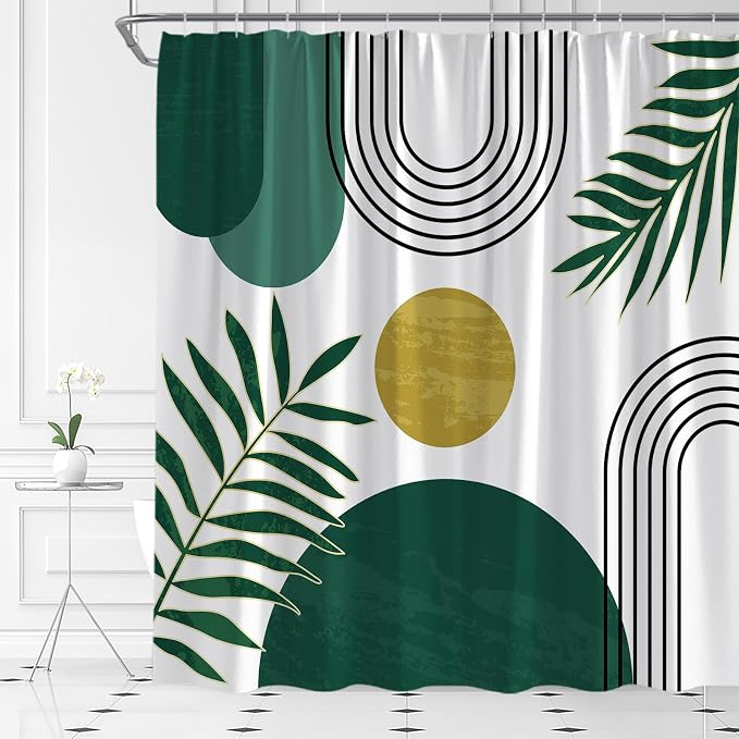 Mid Century Modern Shower Curtain Boho Green Abstract Retro Aesthetic Fabric for Bathroom Decor Bathtub with Hooks (59" WX70 H)