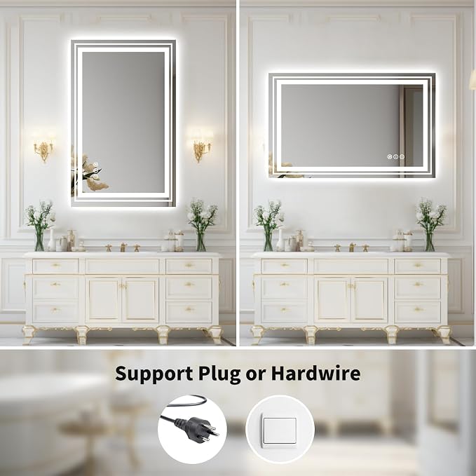 WTTY LED Bathroom Mirror with Backlit and Front Light,40"x24",Stepless Dimmable LED Mirror for Bathroom,Anti-Fog Lighted Bathroom Vanity Mirror Modern for Wall,Memory Function,Shatter-Proof