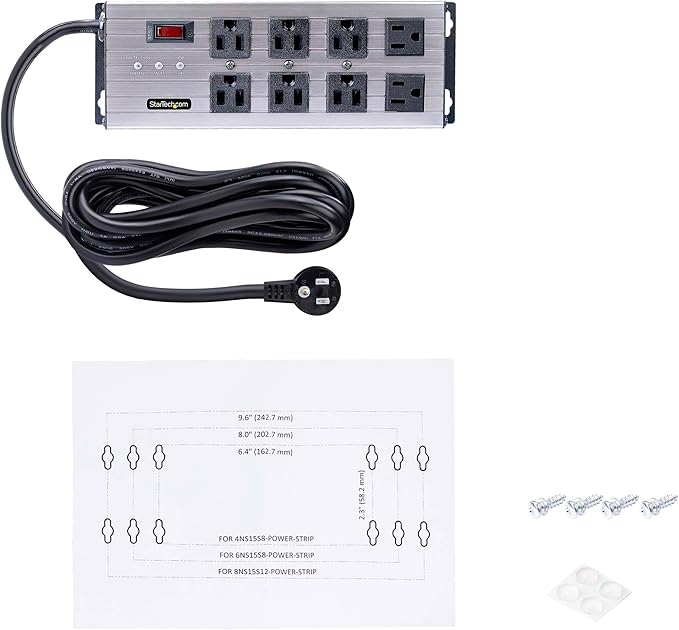 StarTech.com Flat Plug 8-Outlet Heavy Duty Industrial Power Strip 125V/15A with Surge Protector, EMI/RFI Isolation, Mountable PDU, 12ft/3.6m Extension Power Cord, NEMA 5-15P/R, TAA