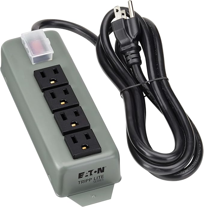 Eaton Tripp Lite series 4-Outlet Heavy Duty Power Strip, Metal, Mountable (Wall Mount & Under Desk), 6ft Extension Cord, On/Off Switch Cover, Industrial Garage Shop Work Bench Applications (UL603CB-6)