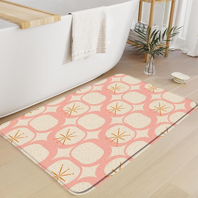 Mid Century Modern Bath Mat Abstract Atomic Geometric Retro 1950s Pink Bathroom Kitchen Toilet Rugs,20x31 Inch