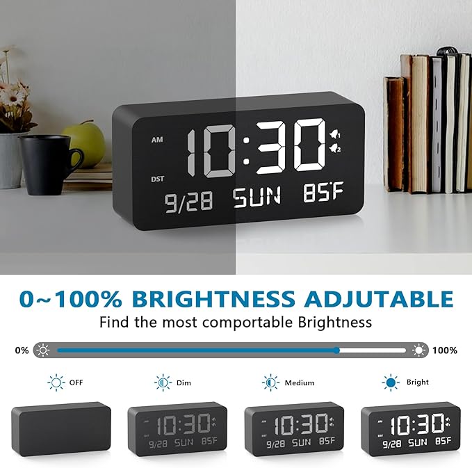 Fomobest Wooden Digital Alarm Clock for Bedroom - Desk Clock with Date, Day of Week, Temperature, Dual Alarms, Dimmer, USB Port Charge, DST, Adjustable Volume for Living Room/Office Wood Decor (Black)