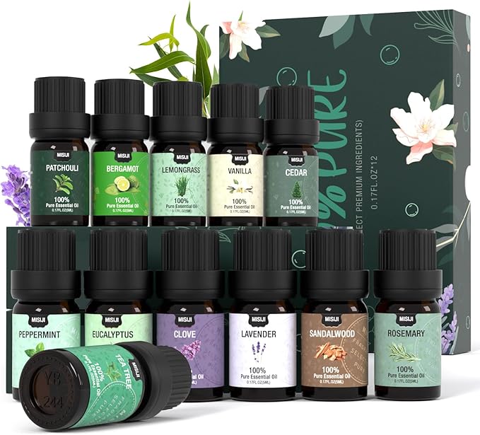MISIJI Essential Oils Set Top 12 Aromatherapy-Essential Oils for Diffuser for Home,Air Freshening Diffuser Oils Scents for Aromatherapy,Laundry,Candle&Soap Making,Humidifiers 12 X 5ML