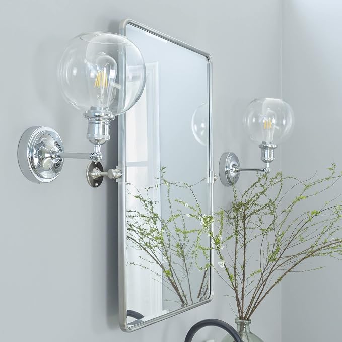 Farmhouse Pivot Rectangle Bathroom Mirror Brushed Nickel Metal Framed Tilting Beveled Vanity Mirrors for Wall, Overall 23.91 x 30 inches (Mirrror 20 x 30 inches)