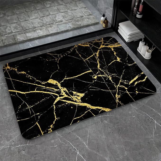 Diatomaceous Earth Bath Mat,Black Gold Marble Non-Slip Volume Super Absorbent Fast Drying for Bathroom Kitchen Door mat,Eco-Friendly Easy to Clean 20×31Inch(50 * 80cm)