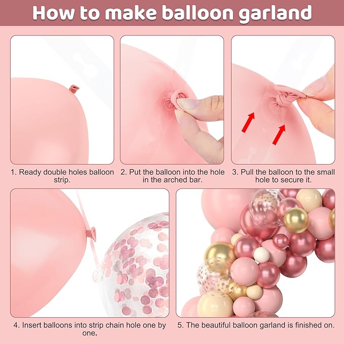 Amandir 153Pcs Boho Blush Balloon Garland Arch Kit, Double-Stuffed Nude Cream Peach Dusty Rose Pink Gold Confetti Metallic Balloon for Baby Shower Birthday Party Wedding Decorations