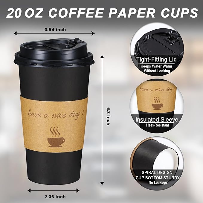 Lamosi 20 oz Disposable Coffee Cups with Lids 50 Pack, Hot Paper To Go Cups with Lids, Stir Sticks and Sleeves, for Home, Travel, Office