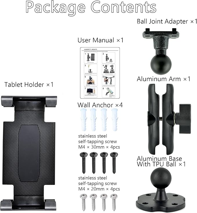 VAUBORTTI Aluminum Arm Heavy Duty Tablet Mount Drill Base - for 6.5"-12.9" Tablet iPad Pro/Mini, iPad Holder for Truck, Car,Dashboard,Desk,Wall-Swivel with 1 inch/25mm Ball Joint
