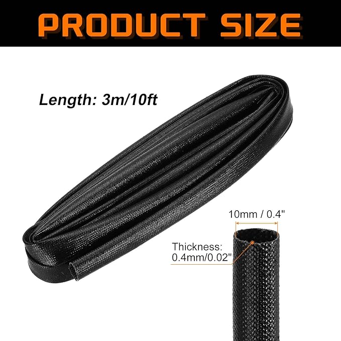 MECCANIXITY 10ft Braided Cable Sleeve, 0.4" ID 200C High Temperature 1500V Fiberglass Wire Insulation Cord Protector Organizer Wires Management for Motor Engine Fuel Line, Black