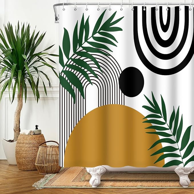 Boho Mid Century Shower Curtain Bohemian Abstract Modern Sun Bathroom Curtain Geometric Arch Curve Leaves Polyester Shower Curtain Sets for Bathroom Extra Long 69x70 in with 12 Hooks