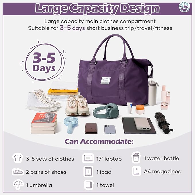 Small Gym Bag for Women, Dark Purple Stylish Duffle Travel Bag for Plane, Lightweight Duffle Bag for Women, Sport Gym Tote Bag with Wet Pocket for Yoga, Pilates, Swimming