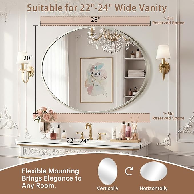 Oval Wall Mirror, 20"x28" Brushed Nickel Vanity Mirror, Bathroom Mirror of Metal Frame, Home Decorative Wall Mounted Mirror for Bathroom, Living Room, Entryway, Vanity